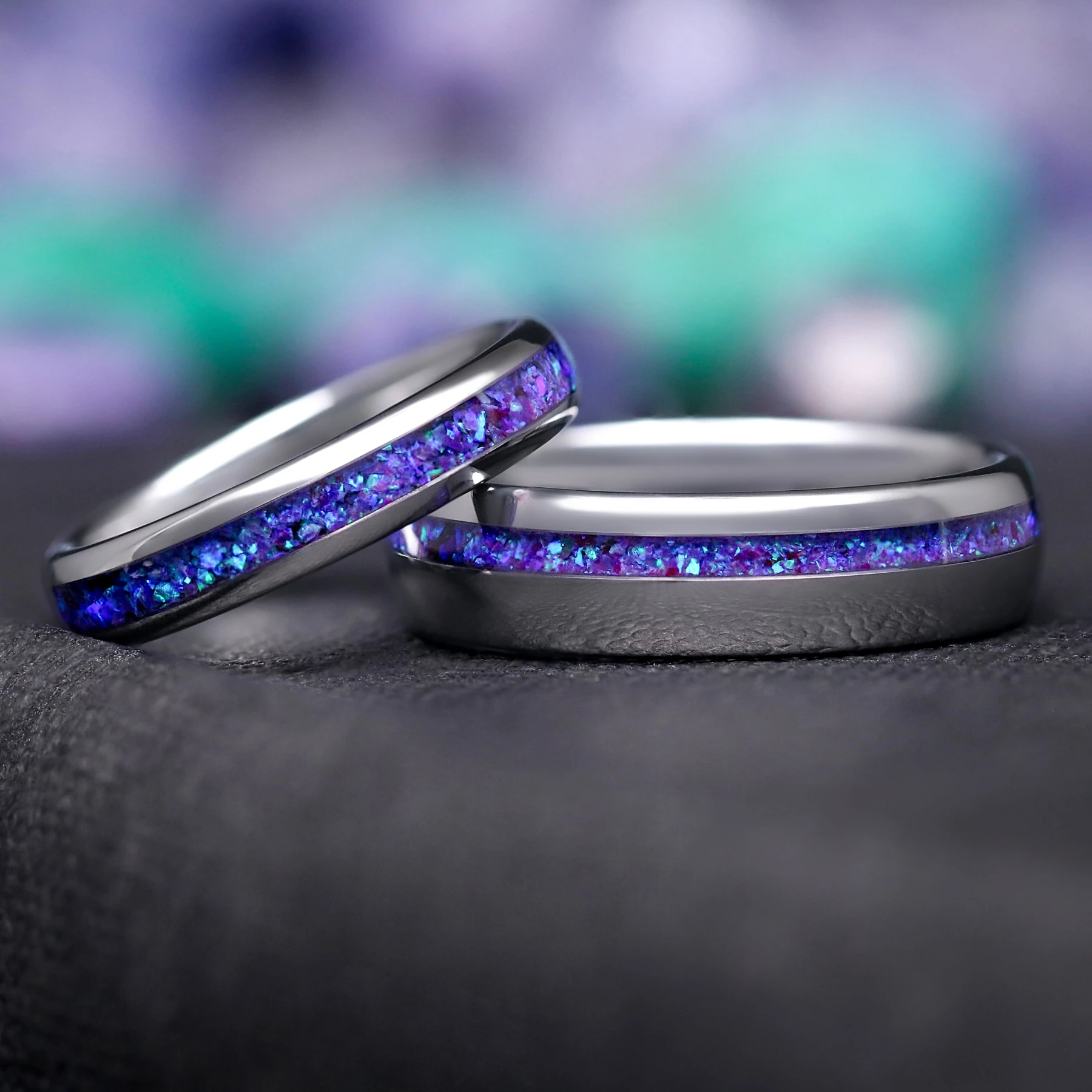 Borealis Opal Wedding Band Set, His and Hers Fire Opal Ring Set