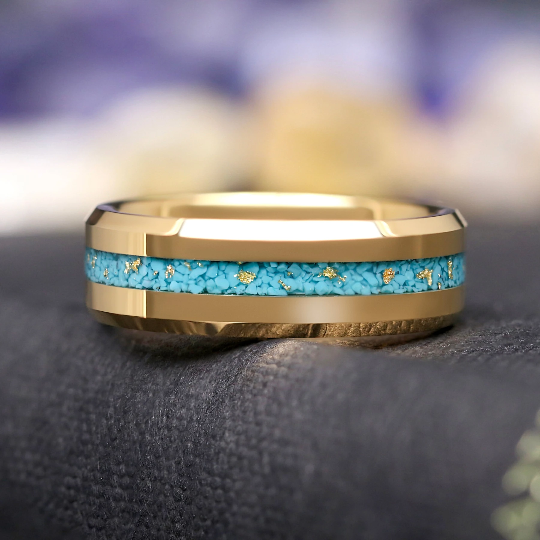 Turquoise & Gold Leaf Tungsten Wedding Band – 8mm Beveled Edge Ring