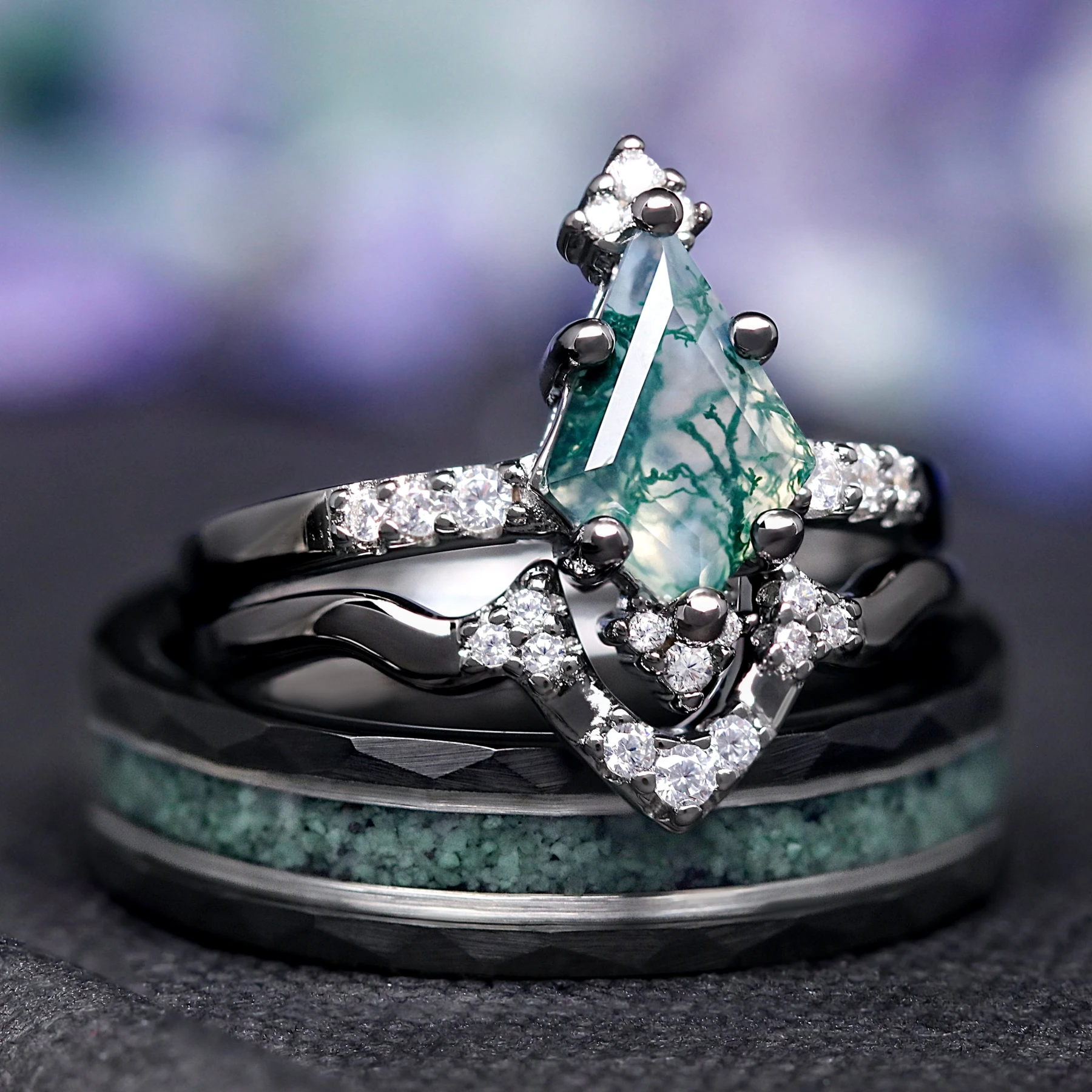 Green Moss Agate Ring Set, His and Hers Wedding Band Set, Black Ring
