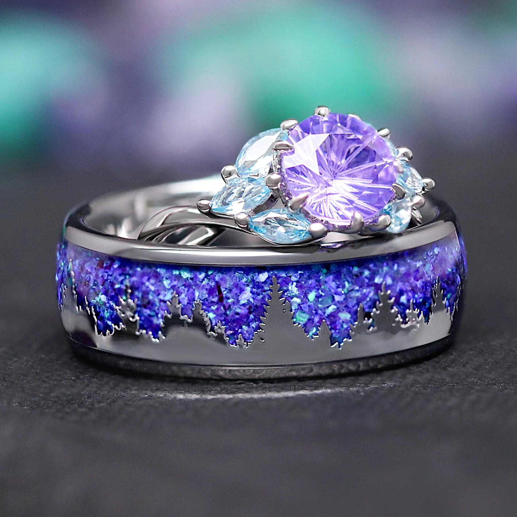 Borealis Couples Ring Set – Matching Nature Wedding Band, Amethyst