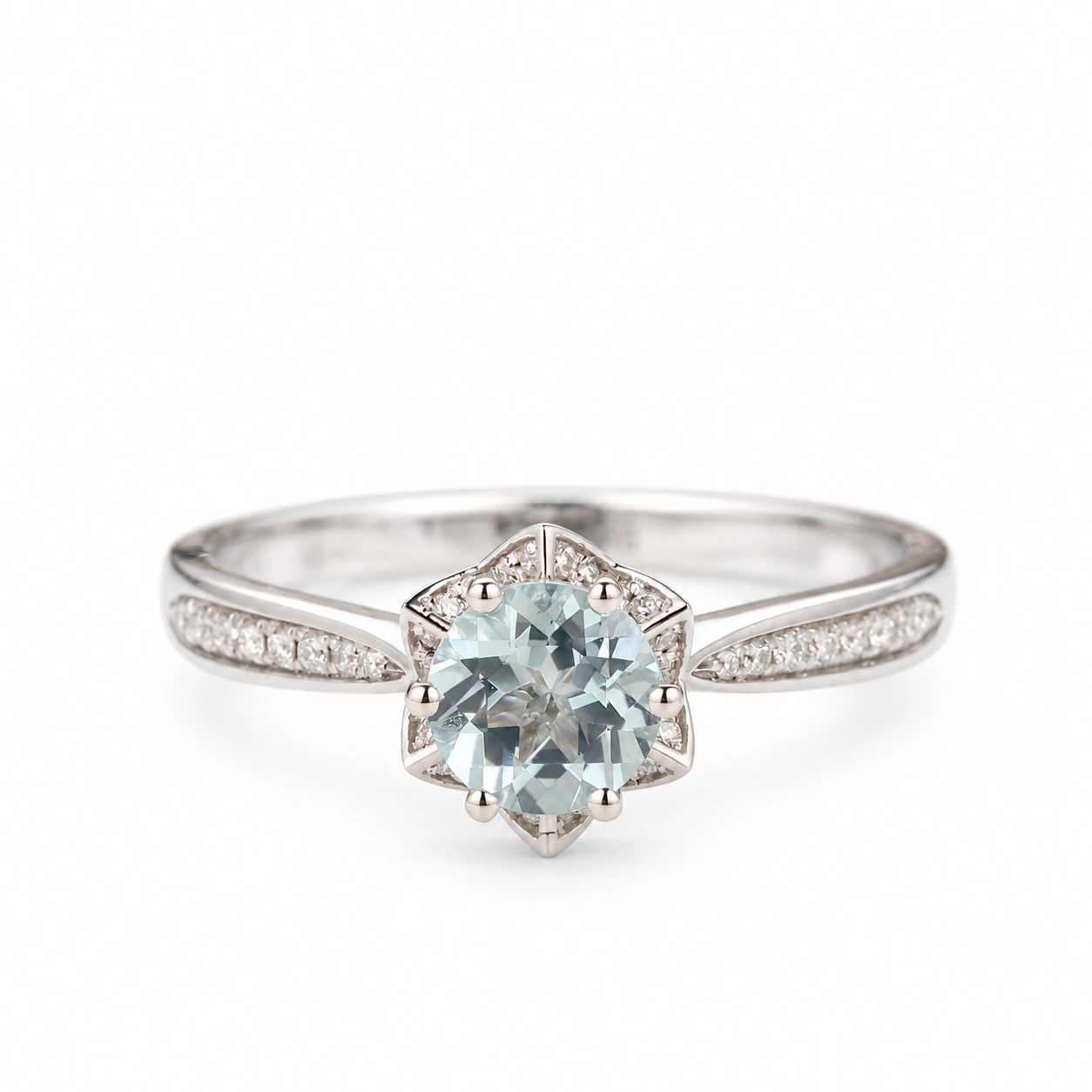 Round 1CT Aquamarine Ring, 14k White Gold Engagement Wedding Ring