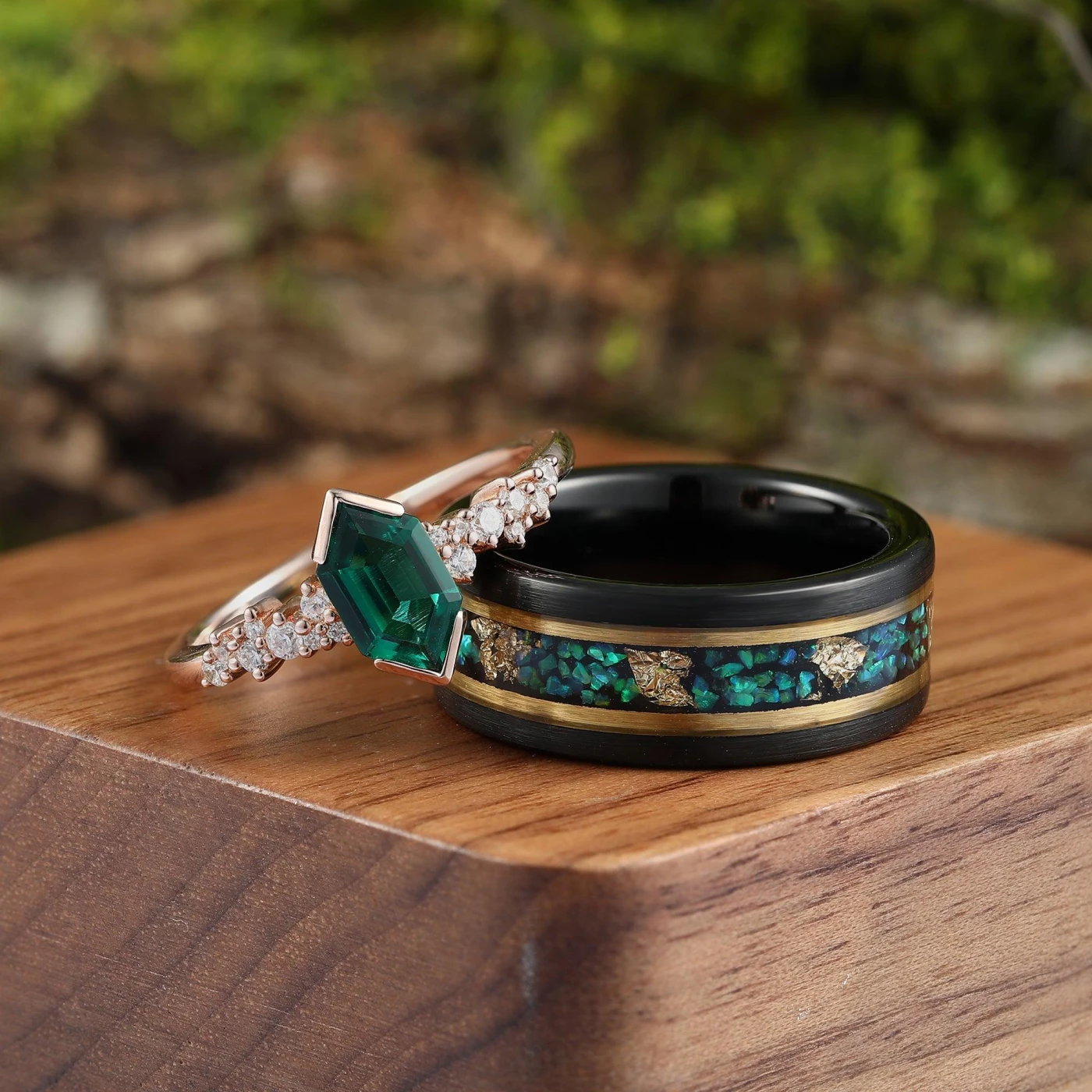 Hexagon Emerald Fire Opal Gold Leaf Couples Ring Set Vintage Half