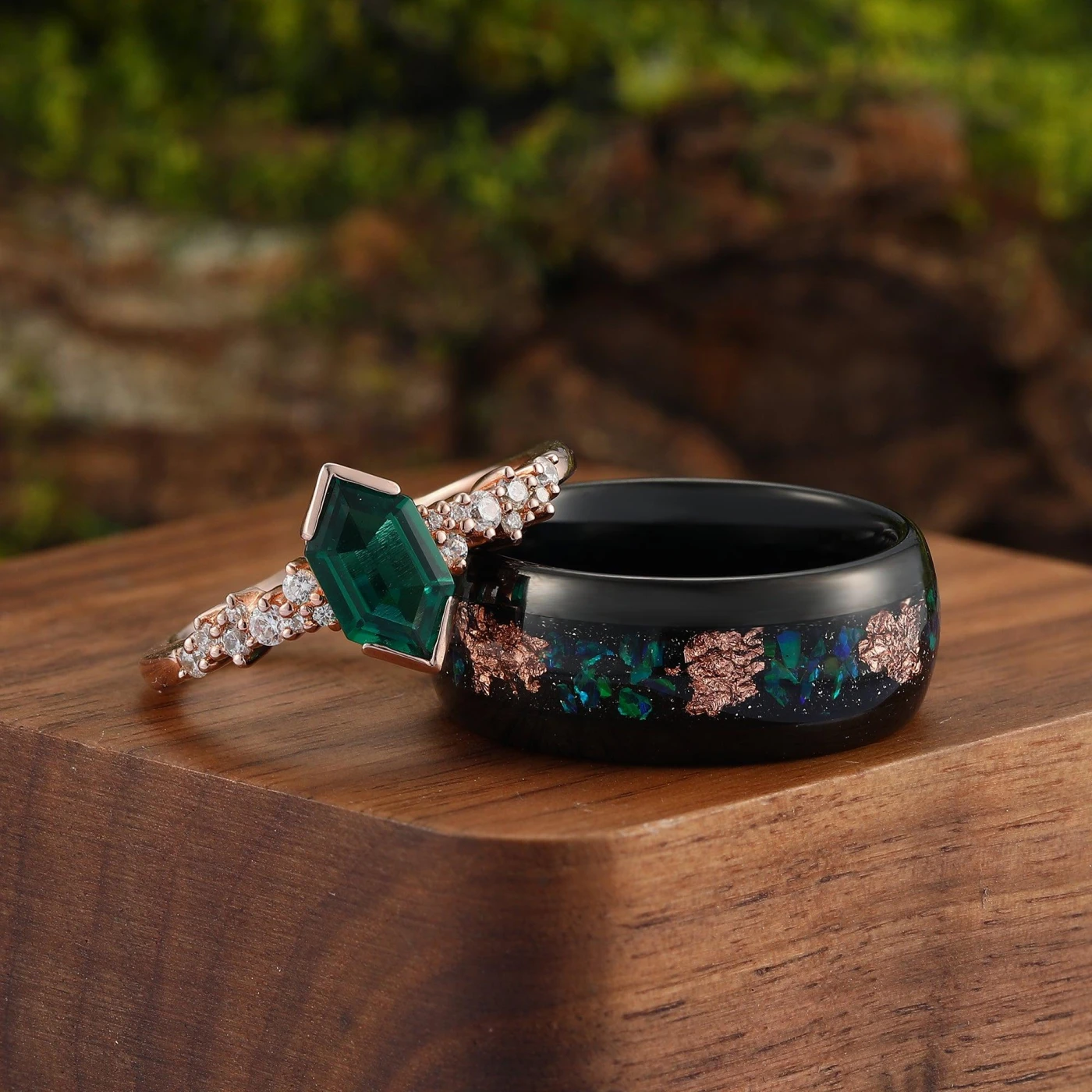 Unique Hexagon Green Emerald Peacock Green Gold Leaf Couples Ring Set