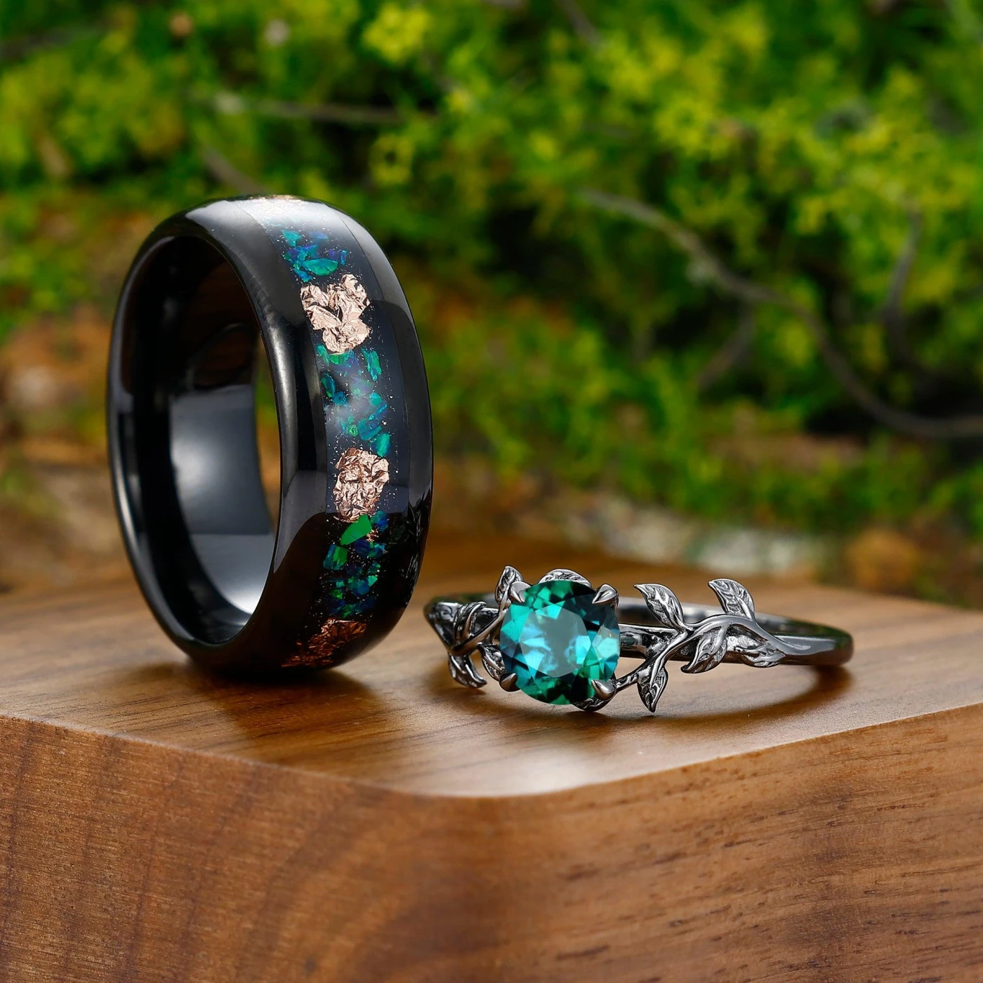 0.8CT Round Cut Emerald Engagement Couples Ring Set 925 Sterling Silver And Peacock Opal Tungsten Matching Ring - view 4