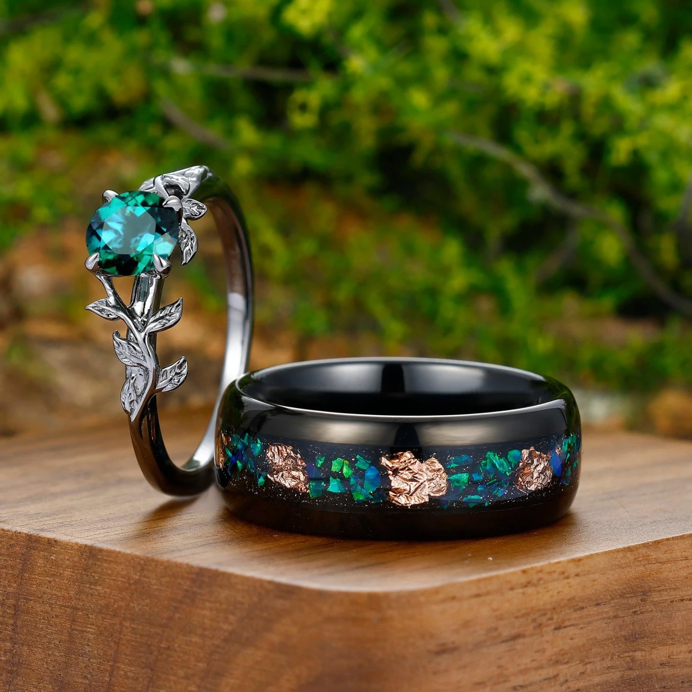 0.8CT Round Cut Emerald Engagement Couples Ring Set 925 Sterling Silver And Peacock Opal Tungsten Matching Ring - view 3