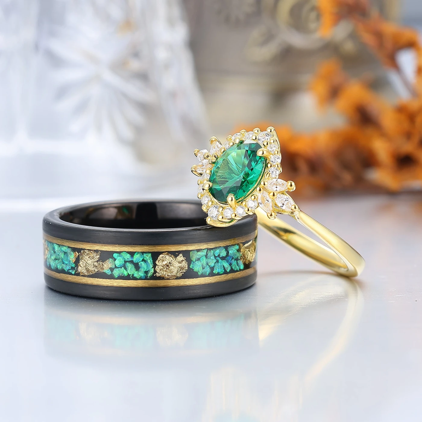 Oval Emerald Cluster Ring Matching Blue Green Opal Tungsten Couples Ring