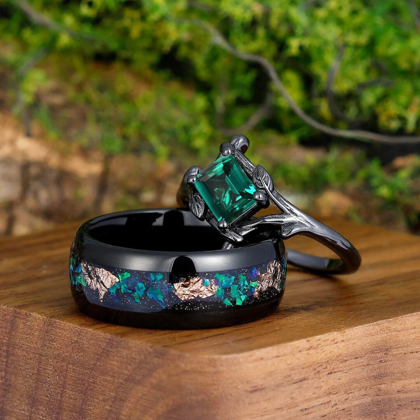 Solitaire Emerald Branches Promise Rings for Couples Peacock Green Opal Tungsten Couples Ring Set - view 4