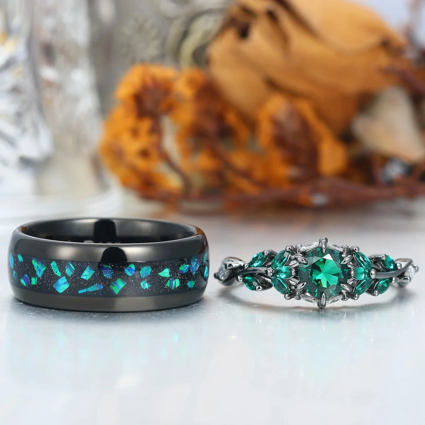 Round Cut Emerald Engagement Couples Ring Set And Peacock Opal Tungsten Matching Ring His and Hers Wedding Ring Set - view 2