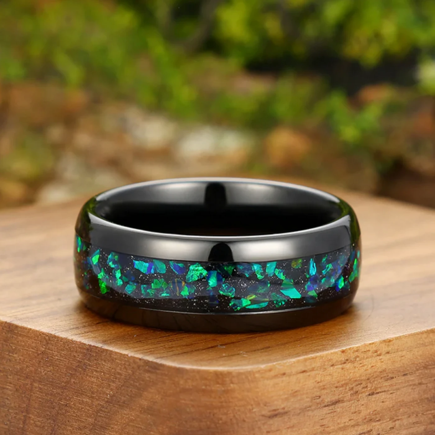 Round Cut Emerald Engagement Couples Ring Set And Peacock Opal Tungsten Matching Ring His and Hers Wedding Ring Set - view 6
