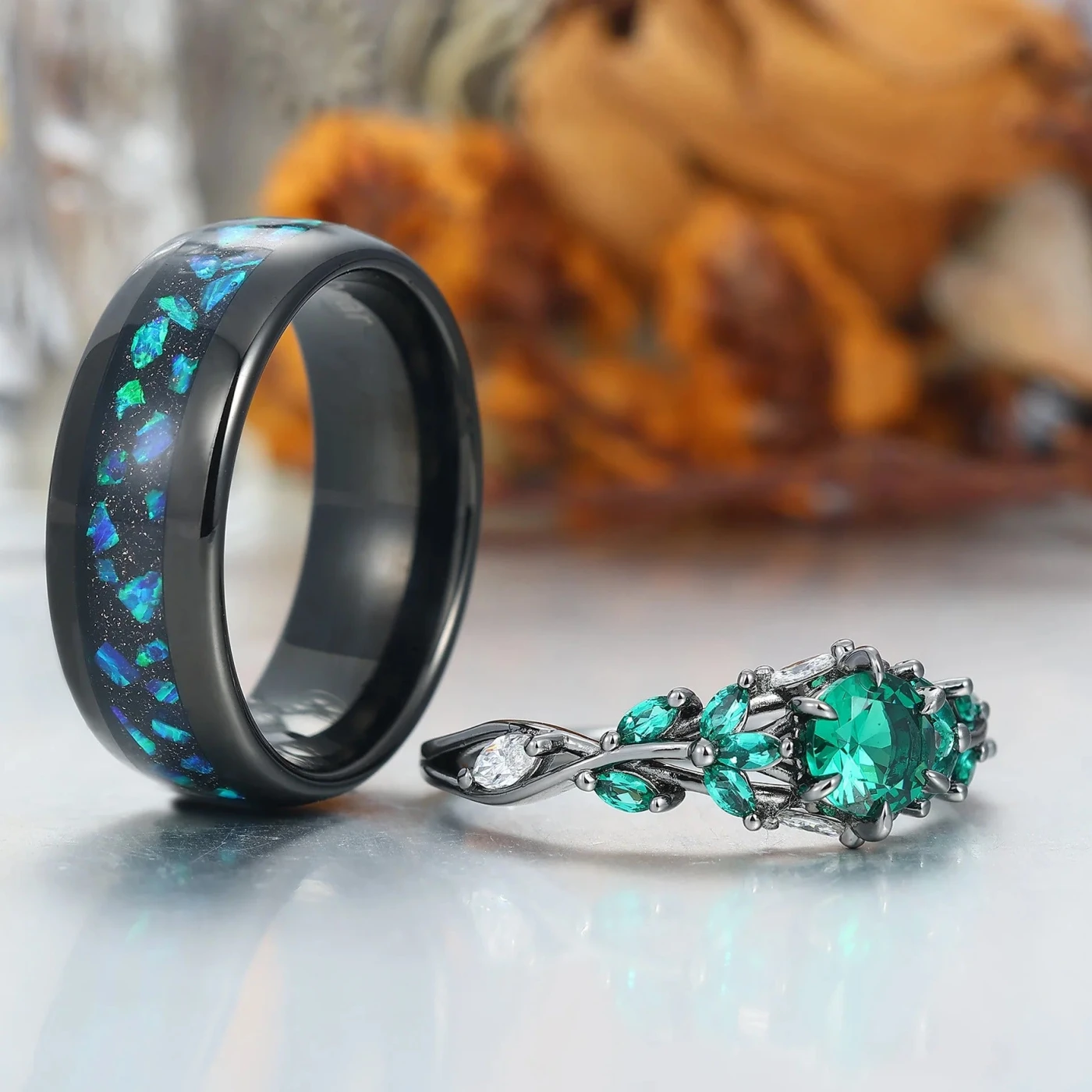 Round Cut Emerald Engagement Couples Ring Set And Peacock Opal Tungsten Matching Ring His and Hers Wedding Ring Set - view 3