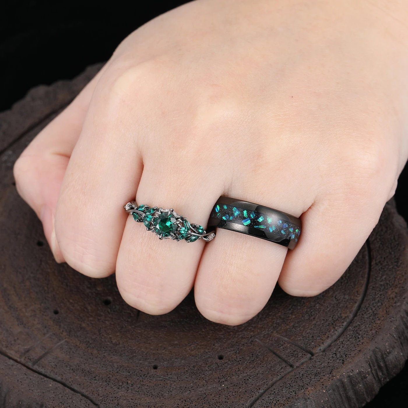 Round Cut Emerald Engagement Couples Ring Set And Peacock Opal Tungsten Matching Ring His and Hers Wedding Ring Set - view 9