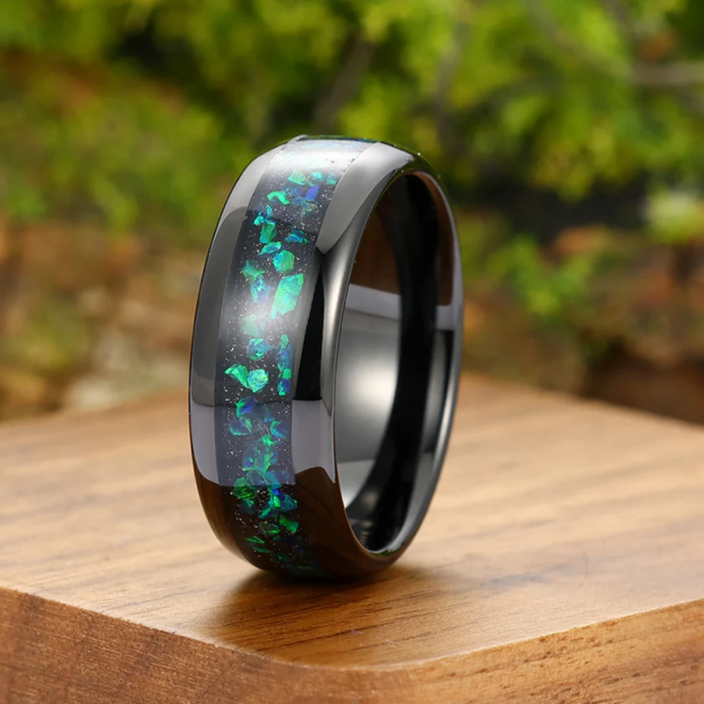 Round Cut Emerald Engagement Couples Ring Set And Peacock Opal Tungsten Matching Ring His and Hers Wedding Ring Set - view 7