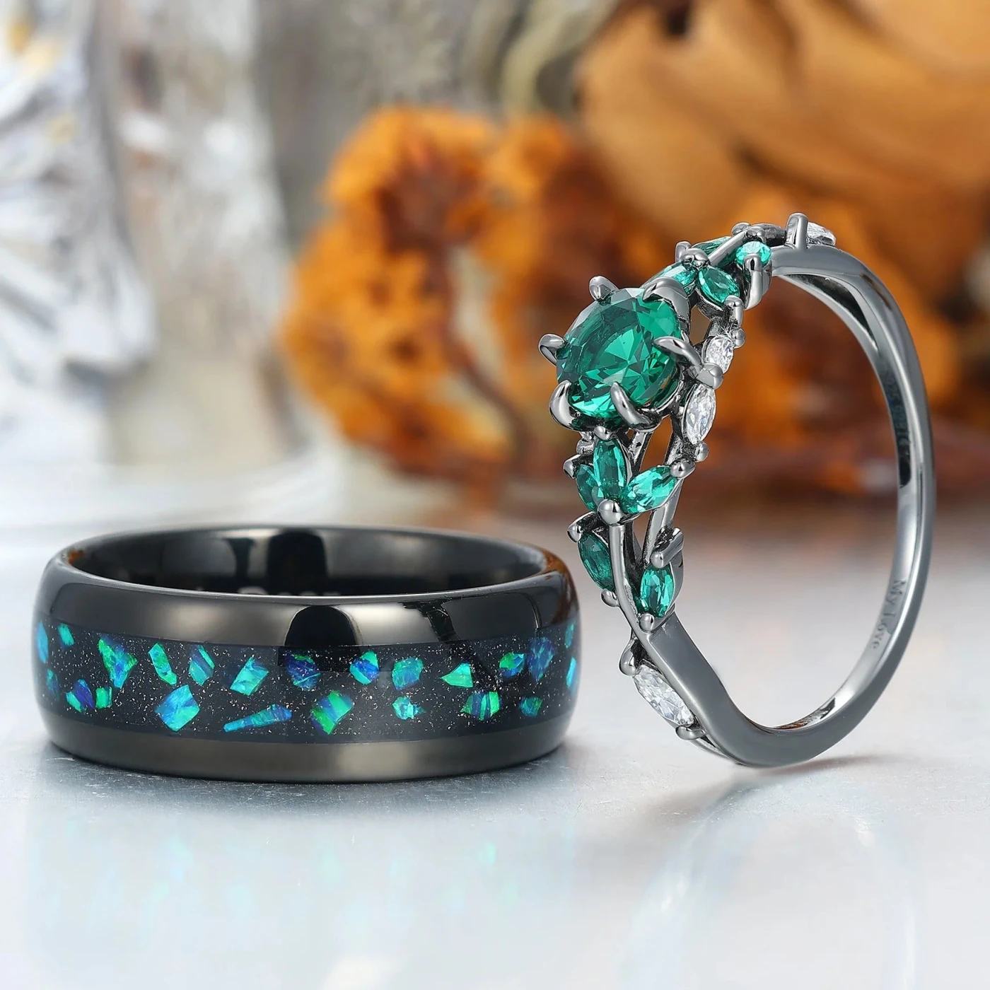 Round Cut Emerald Engagement Couples Ring Set And Peacock Opal Tungsten Matching Ring His and Hers Wedding Ring Set - view 4