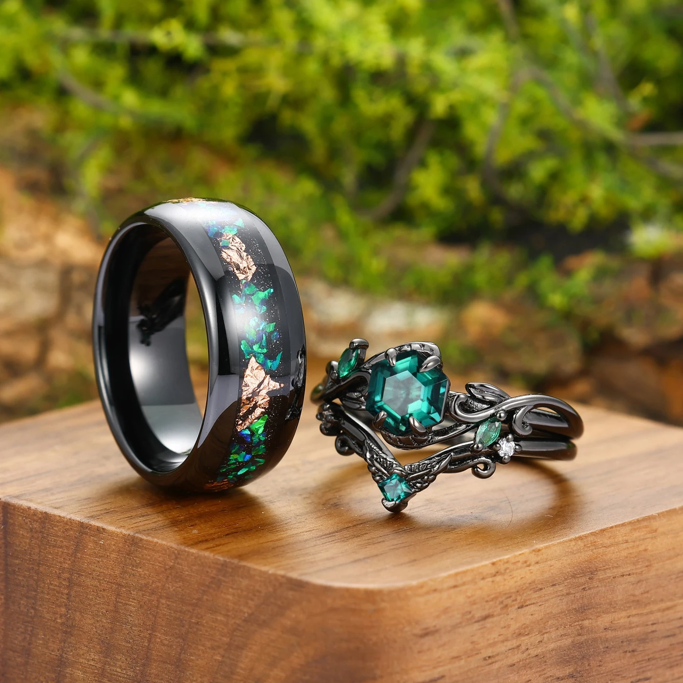Artsy Green Emerald Leaves Curved Engagement Couple Rings Set His And Hers Promise Tungsten Wedding Band - view 2