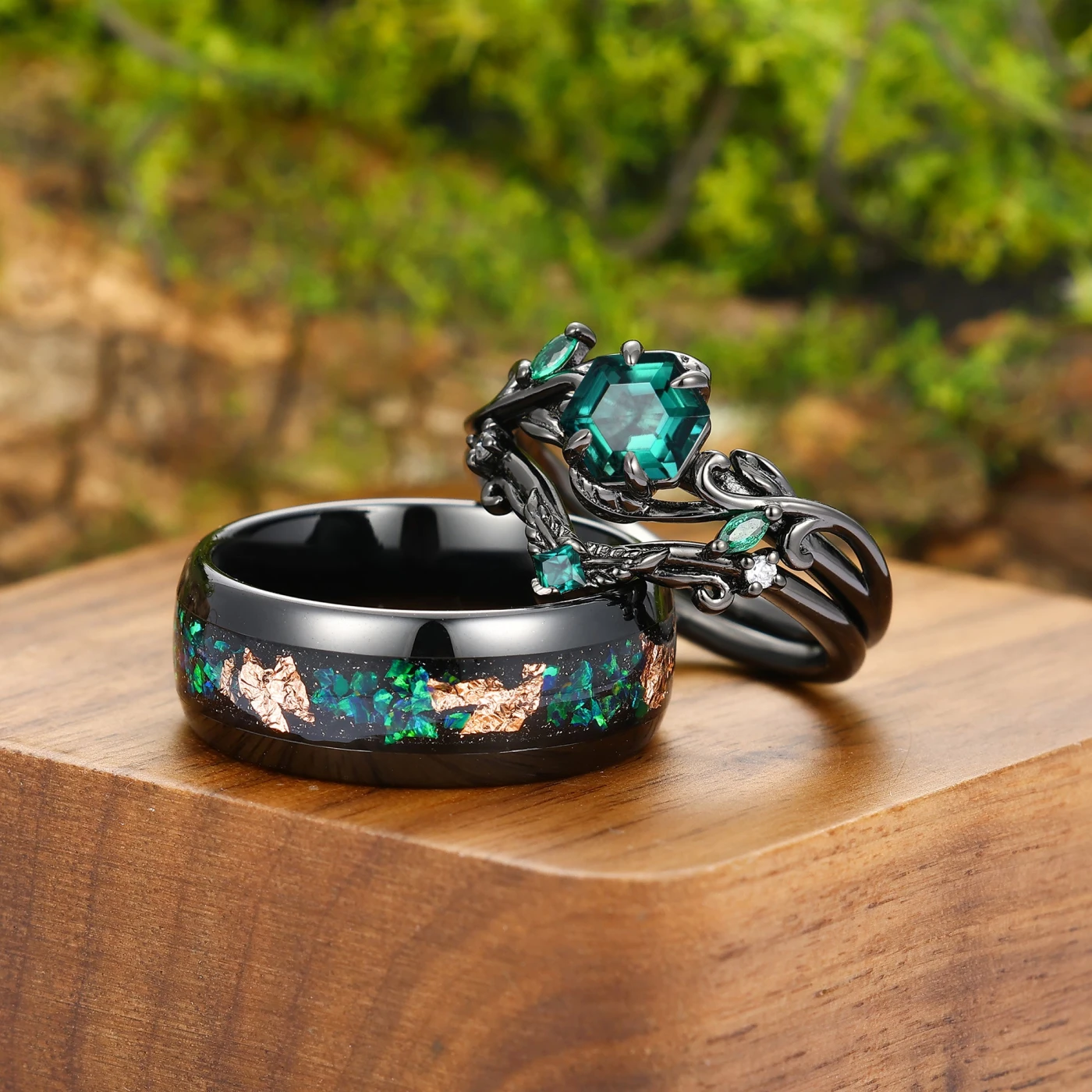 Artsy Green Emerald Leaves Curved Engagement Couple Rings Set His And Hers Promise Tungsten Wedding Band - view 3