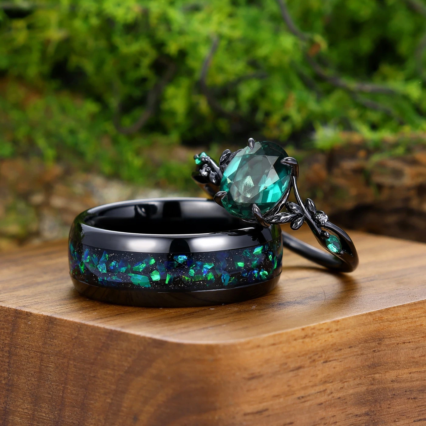 Black Gold Emerald Couples Ring Set And Peacock Opal Tungsten Matching Ring His and Hers Wedding Ring Set - view 4