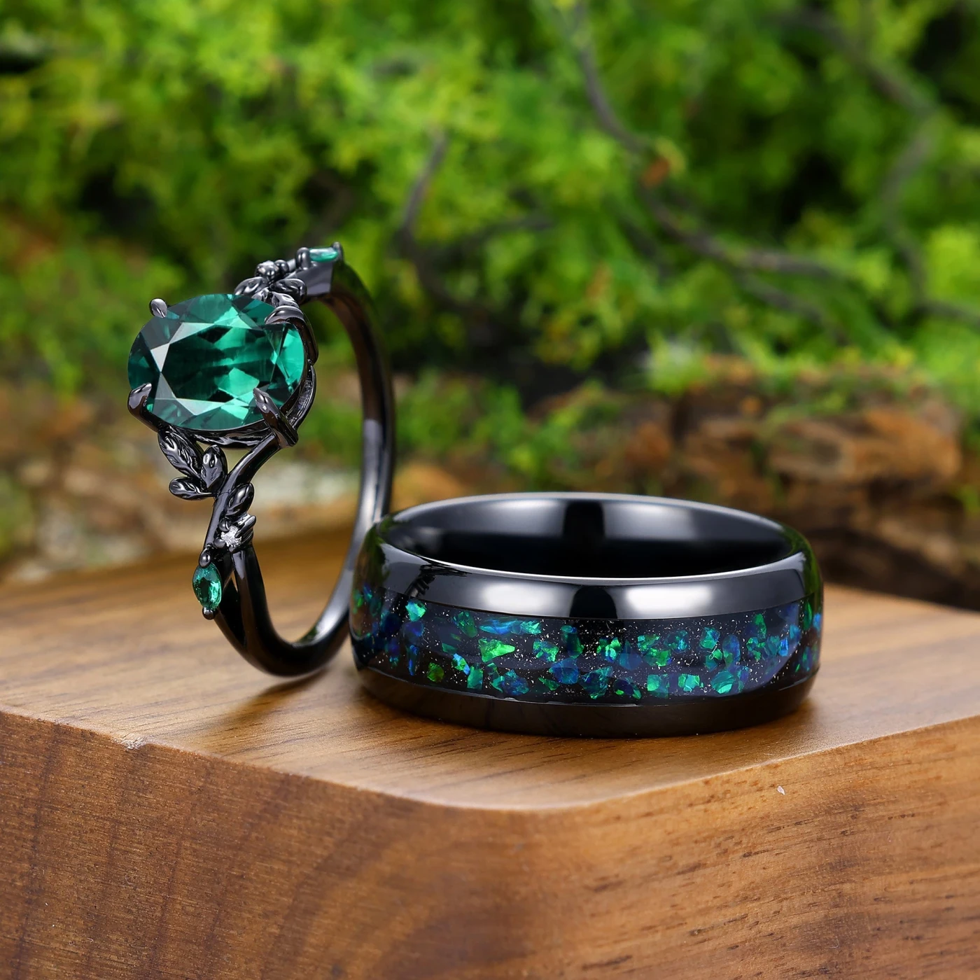 Black Gold Emerald Couples Ring Set And Peacock Opal Tungsten Matching Ring His and Hers Wedding Ring Set - view 2