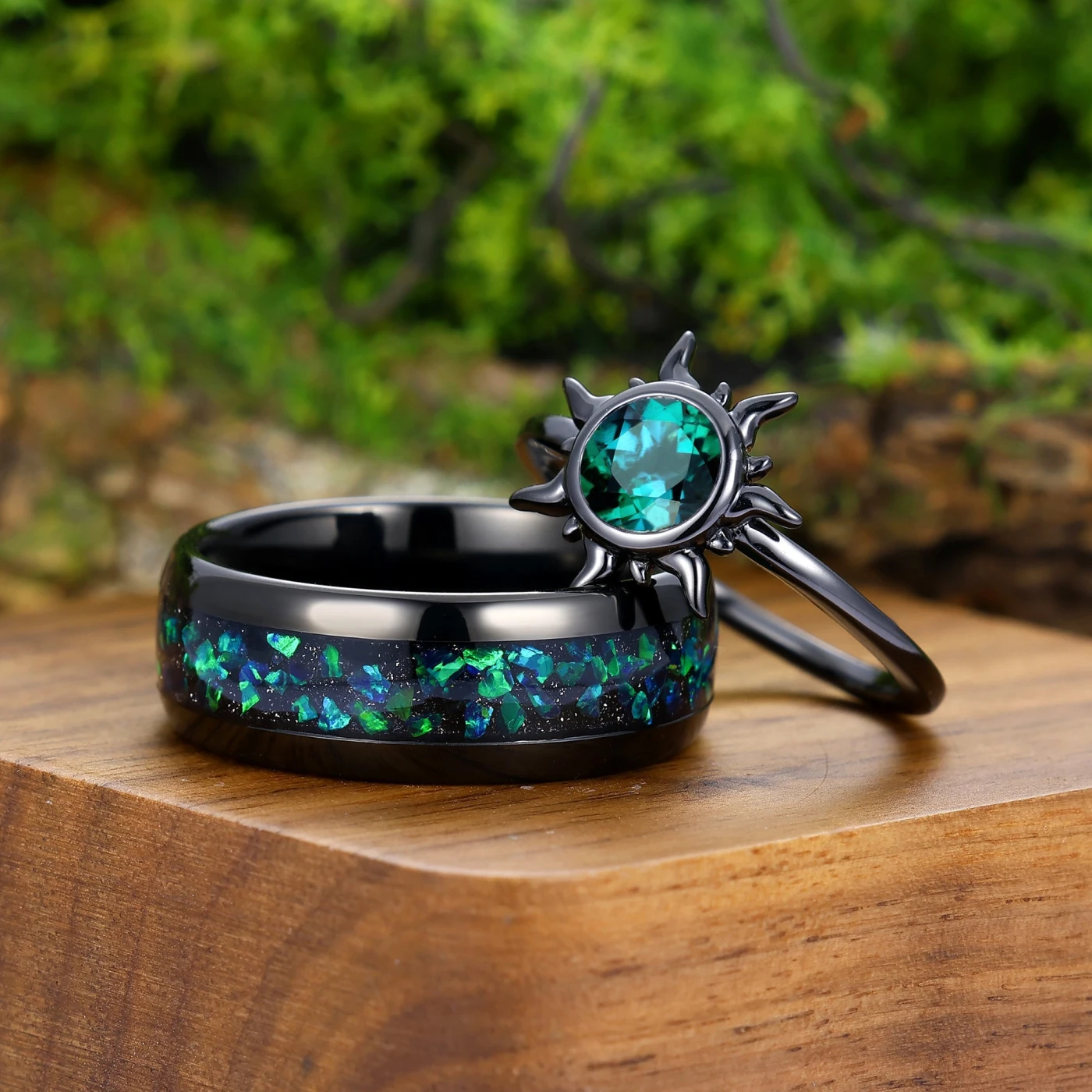 Black Gold Emerald Couples Ring Set and Peacock Opal Tungsten Matching Band His and Hers Wedding Ring Set - view 4