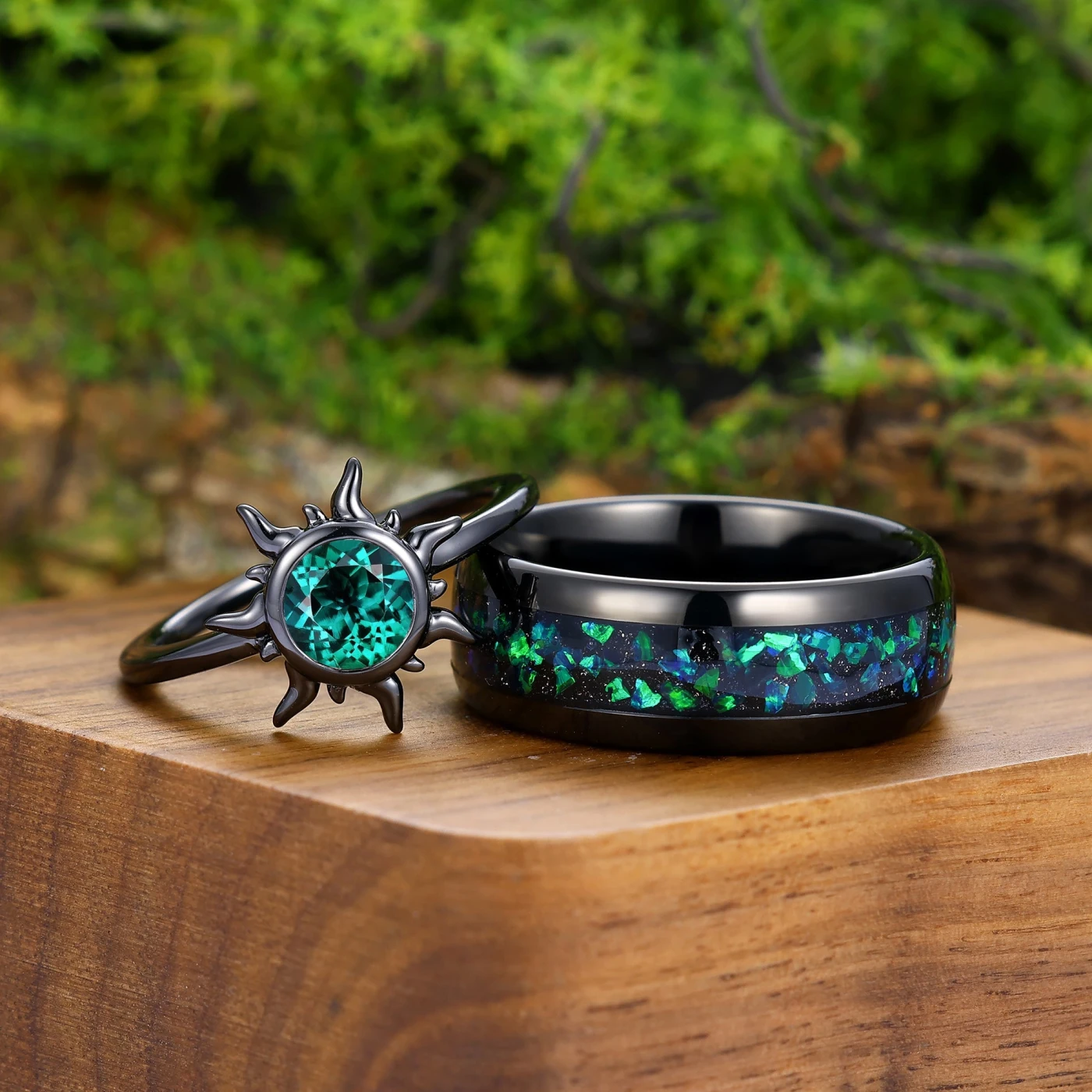 Black Gold Emerald Couples Ring Set and Peacock Opal Tungsten