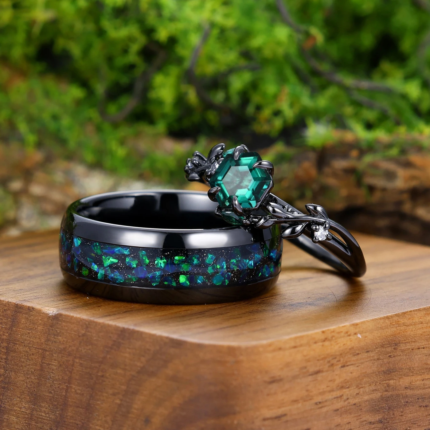 Leaf Design Black Gold Emerald Couples Ring Set Tungsten Matching Ring His and Hers Wedding Ring Set - view 3