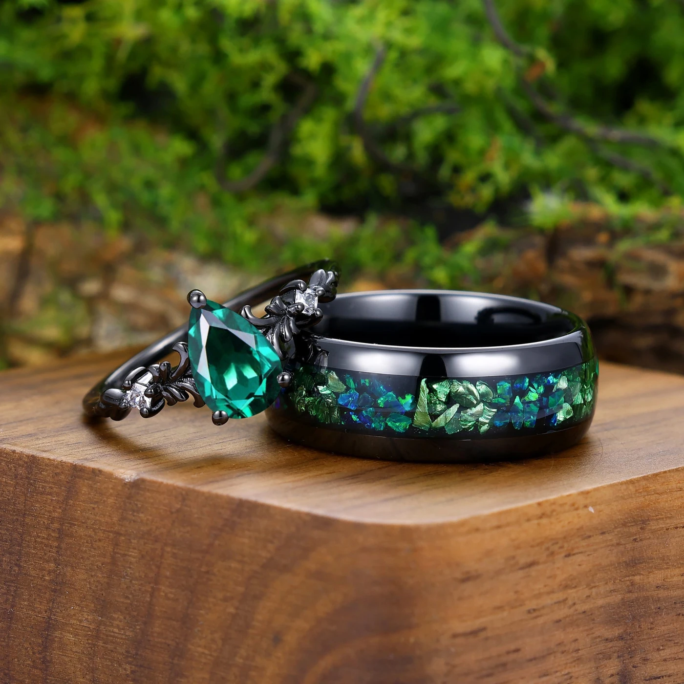 Unique Emerald Couples Ring Set Tungsten Matching Rings His and