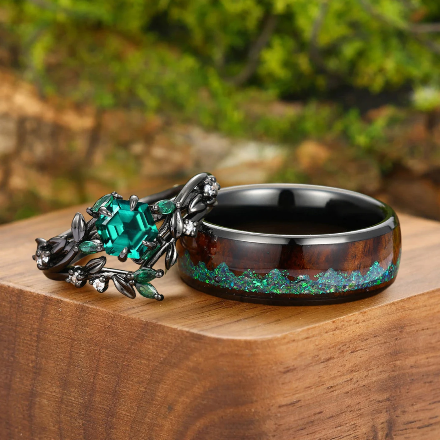 Unique Leaf Engagement Rings Set For Couples Personalized Green And Black