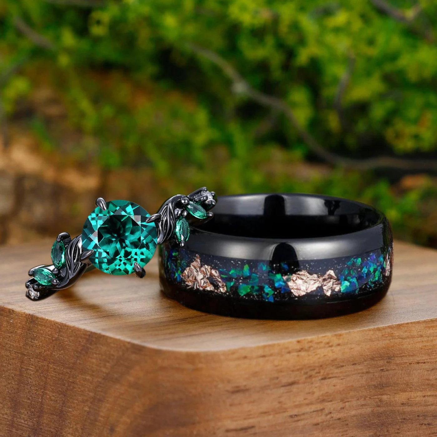 Alternative Round Emerald Branches Engagement Couple Rings