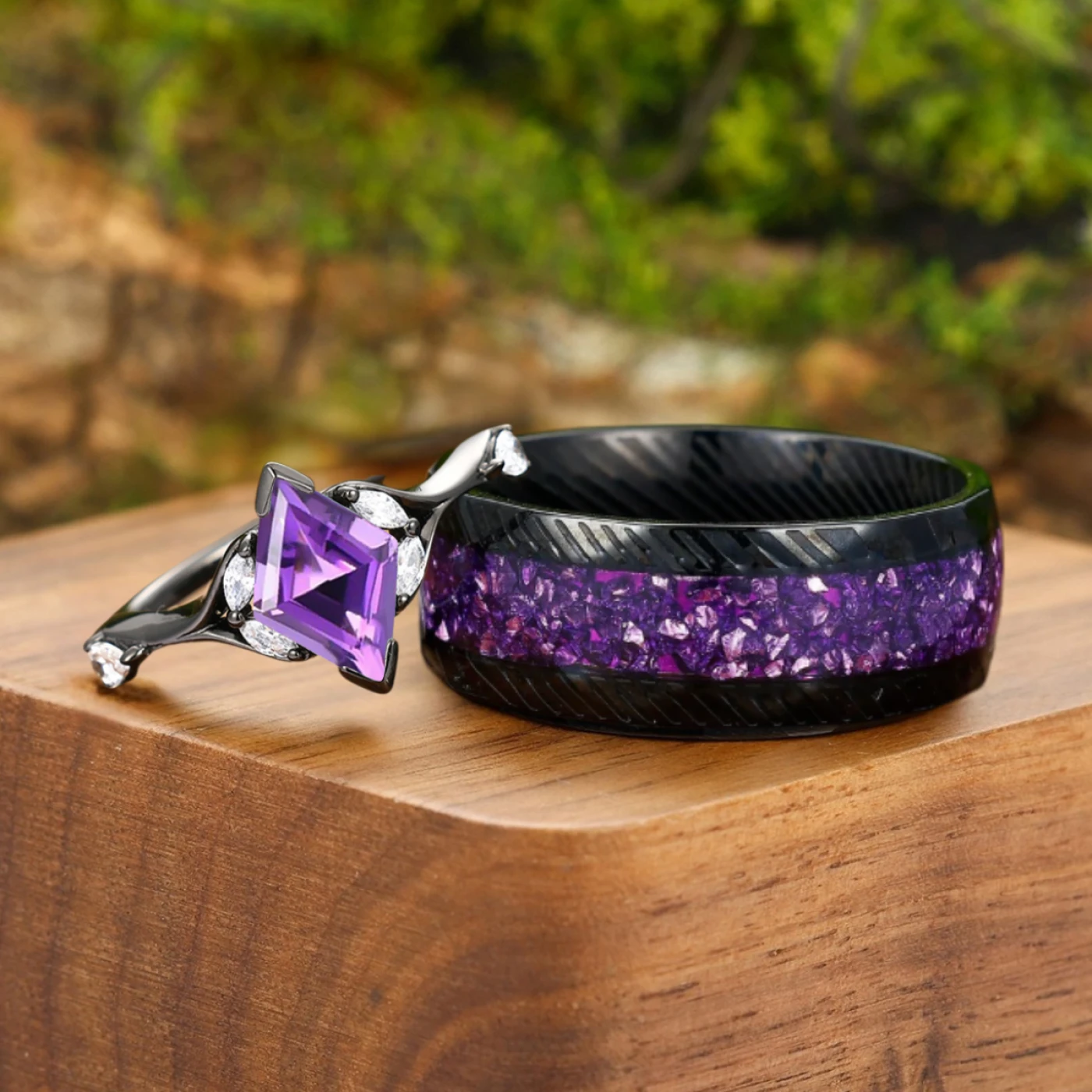 Gorgeous Amethyst Couple Rings Matching Promise Engagement and