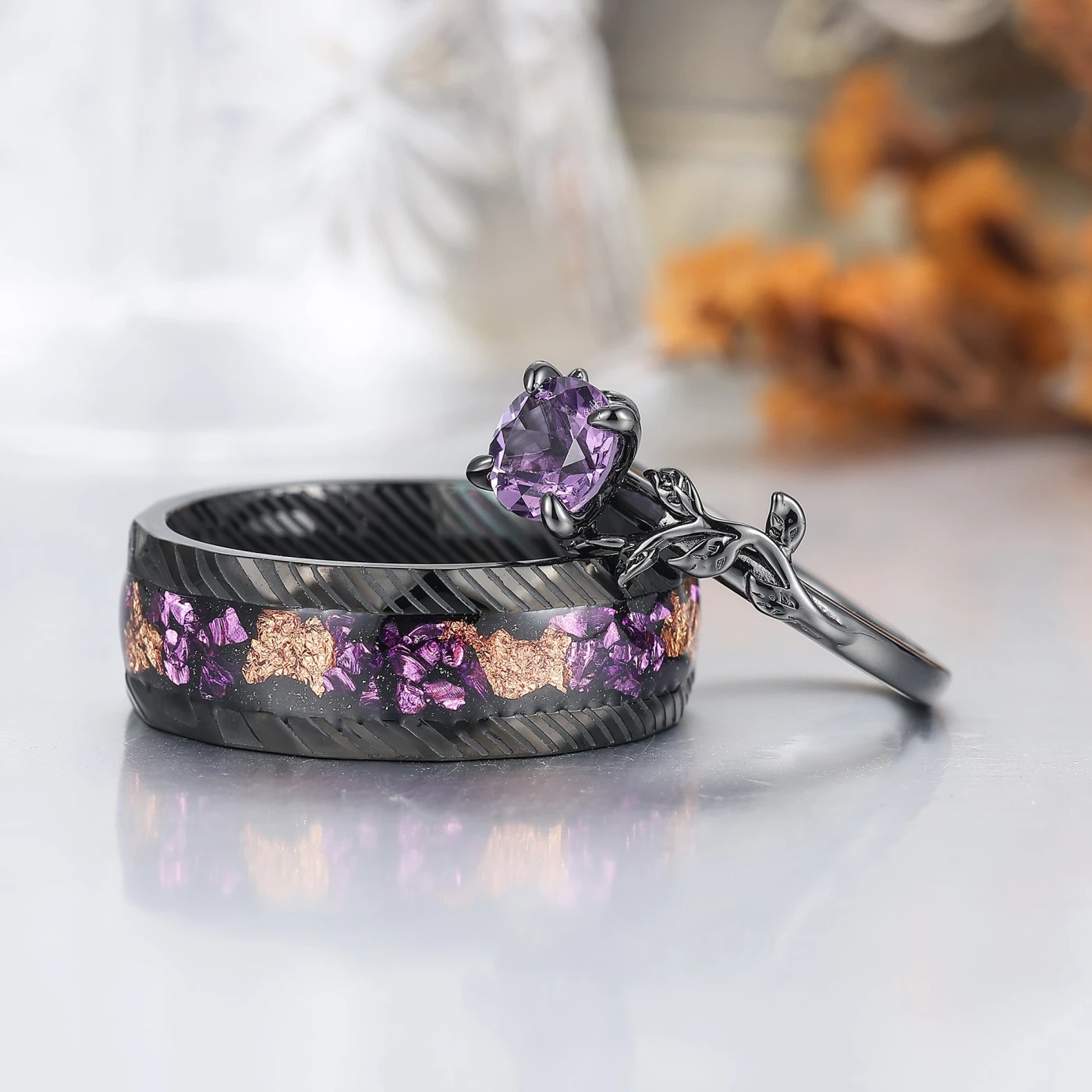 Art Deco Natural Amethyst Sprig Engagement Couple Rings Modern