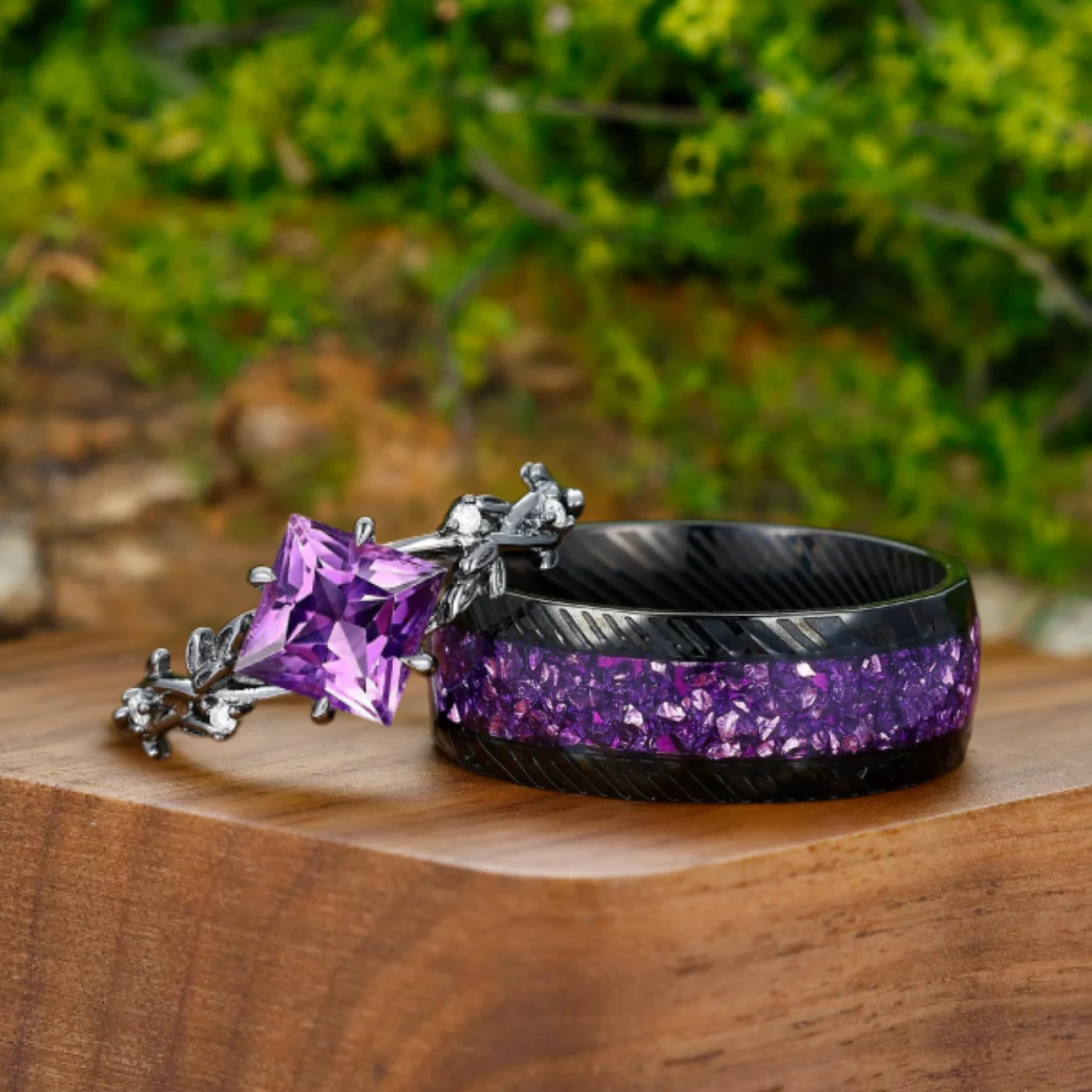 Interlaced Leaf Branches Amethyst Engagement Rings For Couples Matching Purple