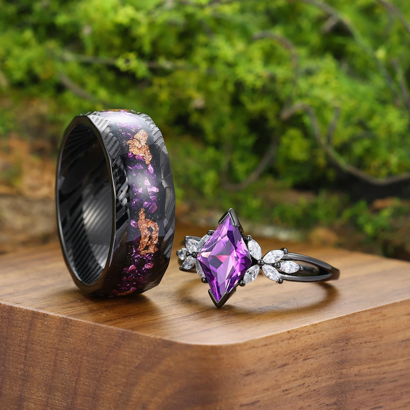 Floral Purple Amethyst Engagement Couple Rings Promise Damascus Matching His And Hers Wedding Rings - view 4
