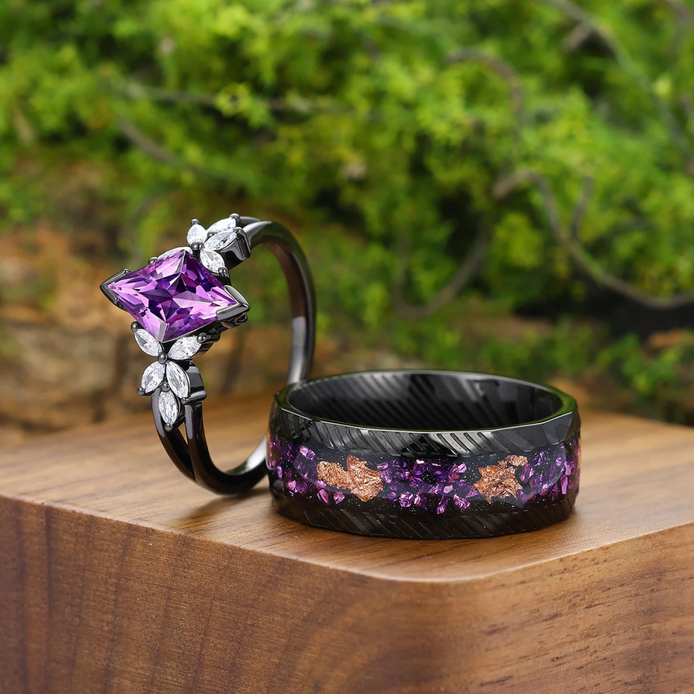 Floral Purple Amethyst Engagement Couple Rings Promise Damascus Matching His And Hers Wedding Rings - view 3