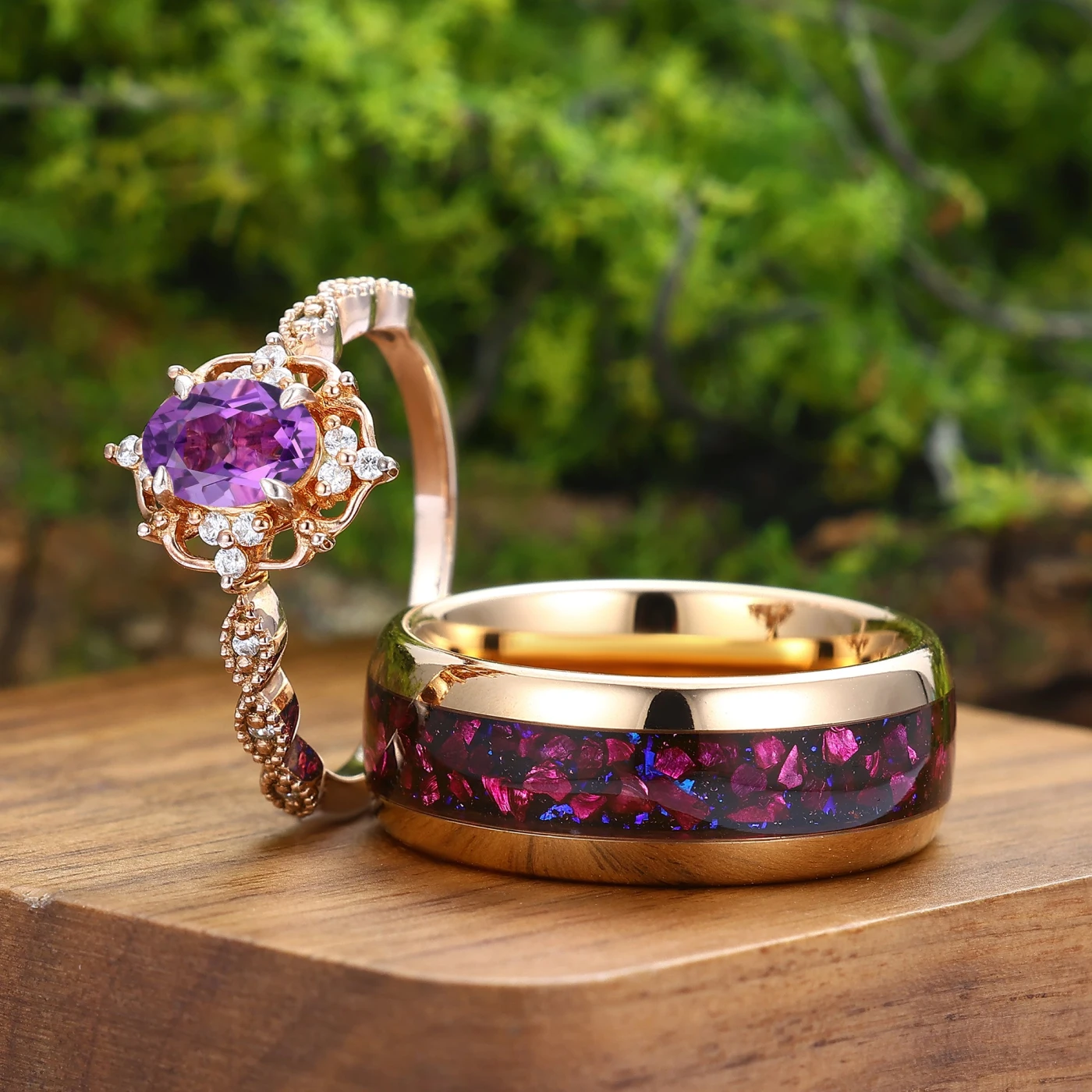 Retro Oval Amethyst Engagement Cluster Wedding Ring Set Tungsten Promise Couples Ring - view 4