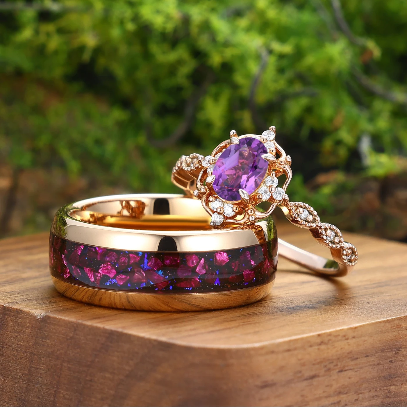Retro Oval Amethyst Engagement Cluster Wedding Ring Set Tungsten Promise Couples Ring - view 3