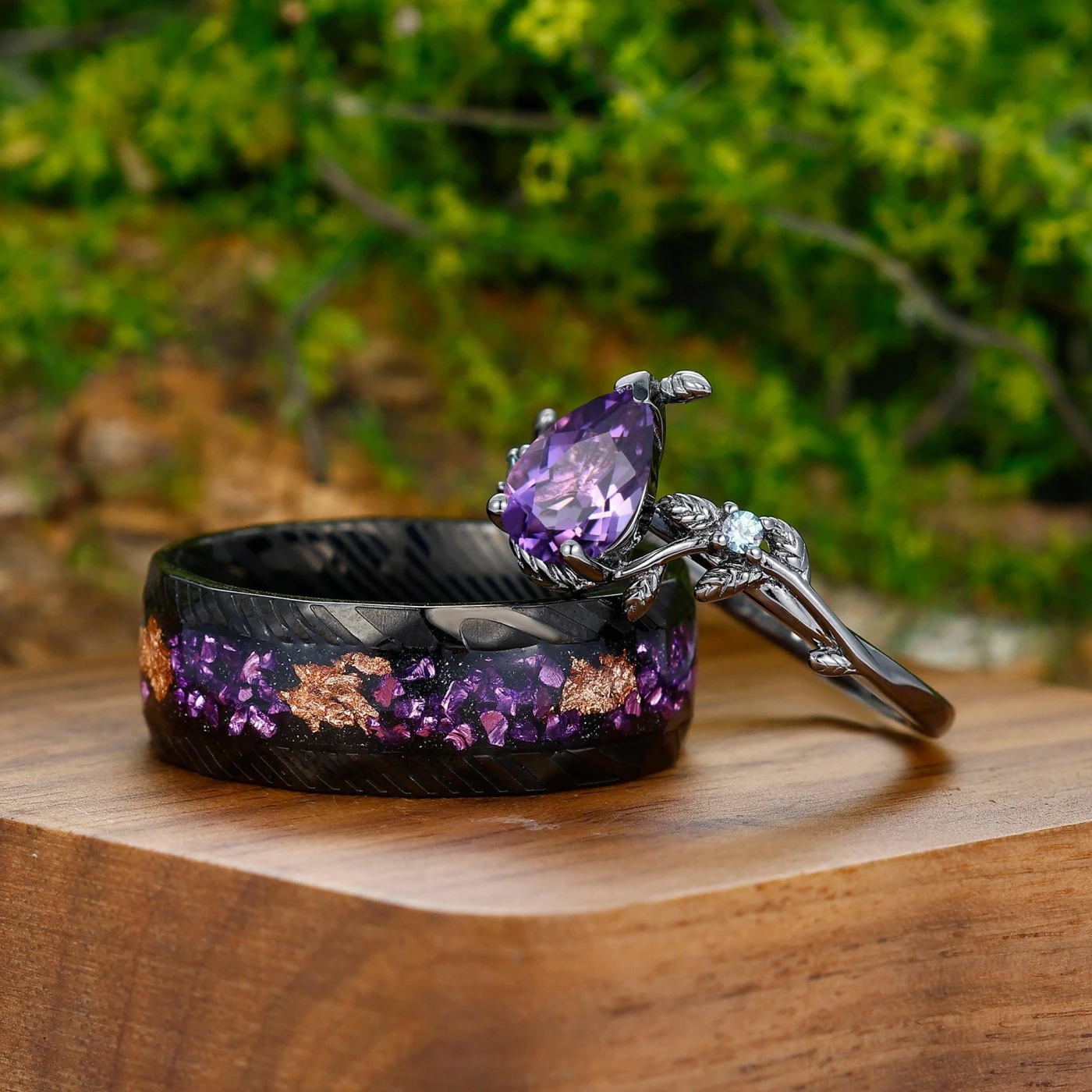 Unique 1.3CT Pear Cut Natural Amethyst Engagement Alexandrite Inlaid Couples Ring Set For Wedding Gift - view 4