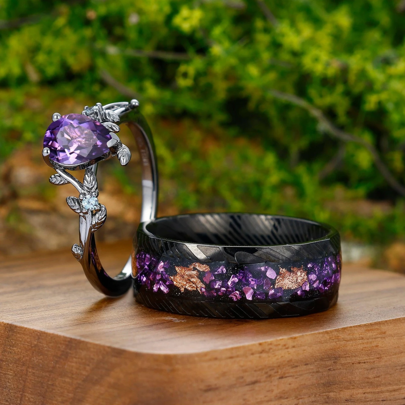 Unique 1.3CT Pear Cut Natural Amethyst Engagement Alexandrite Inlaid Couples Ring Set For Wedding Gift - view 3
