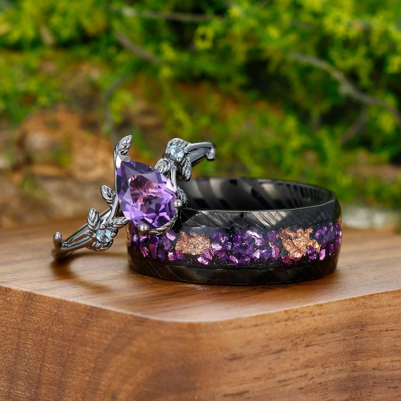 Unique 1.3CT Pear Cut Natural Amethyst Engagement Alexandrite Inlaid Couples Ring Set For Wedding Gift - view 2