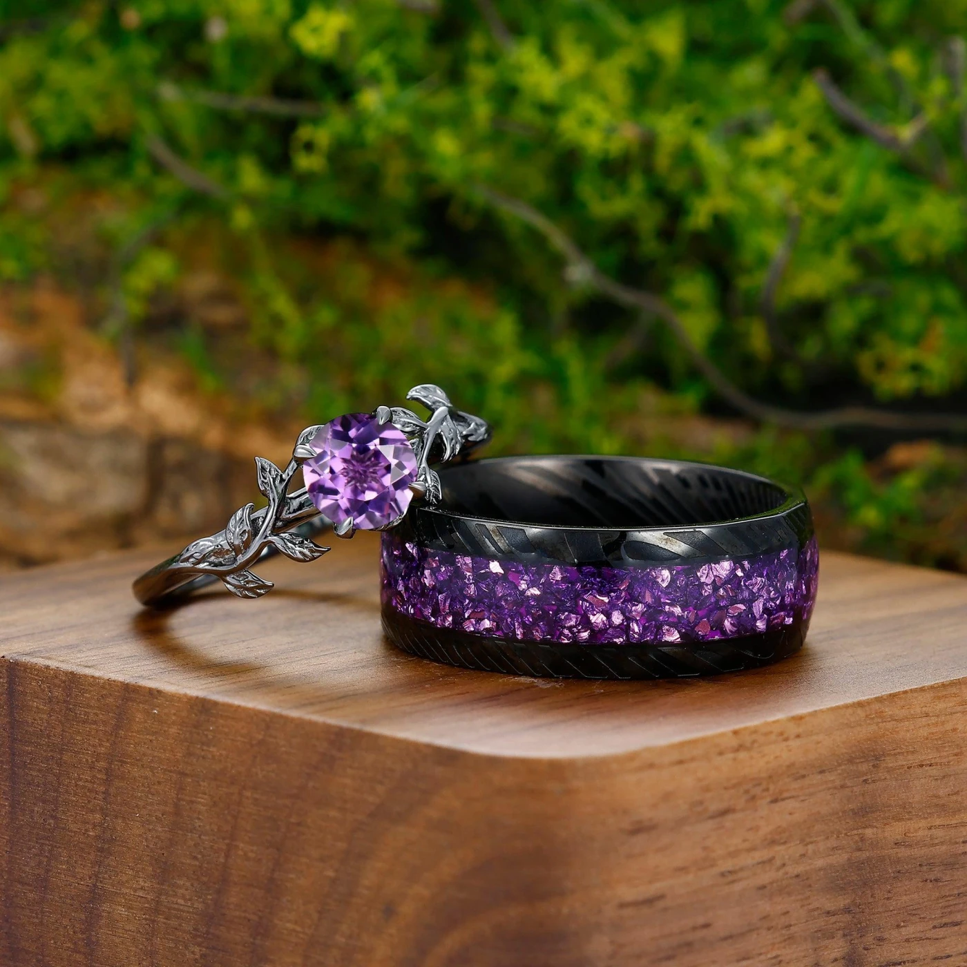 0.8CT Round Cut Natural Leaf Engagement Couples Ring Set