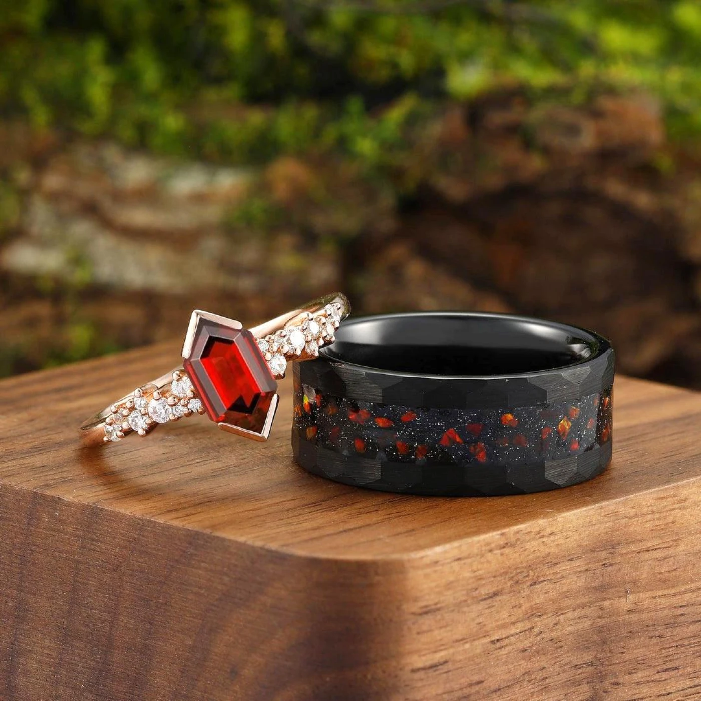Unique Natural Red Garnet His and Hers Matching Wedding Band Rose