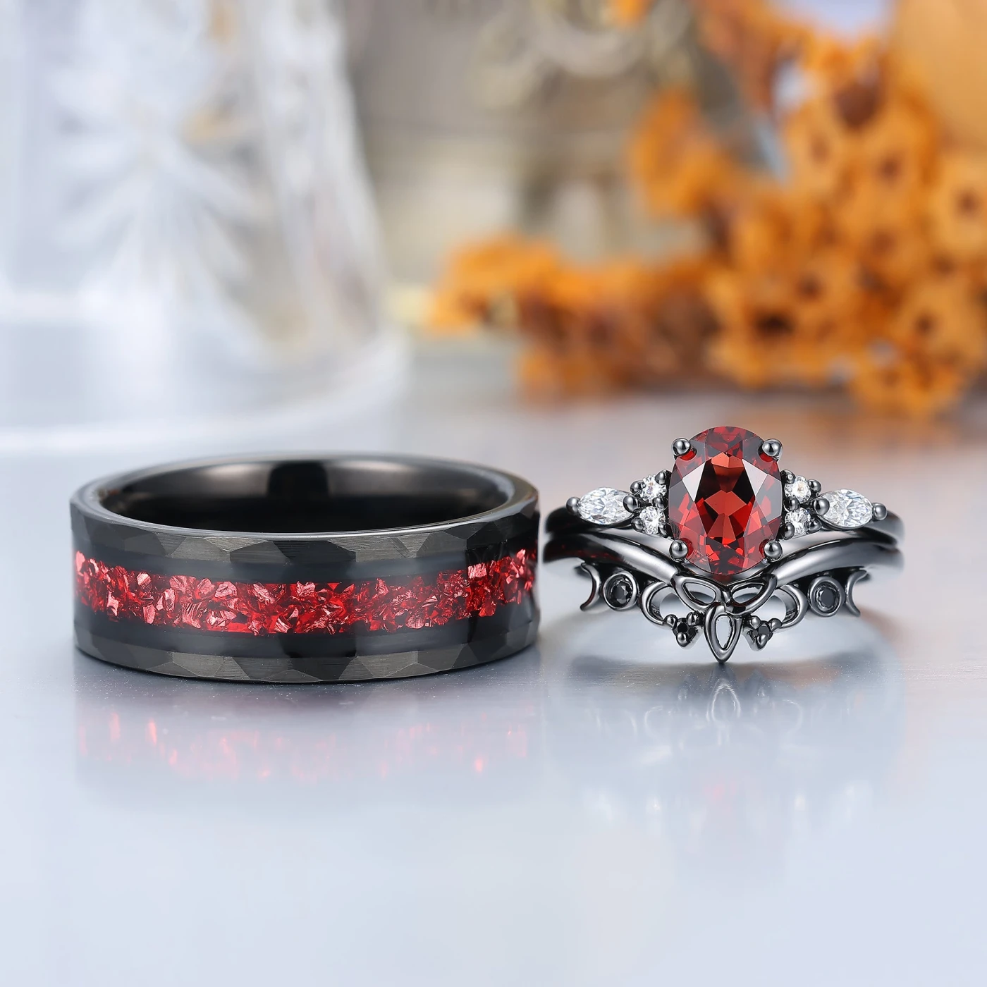 Vintage Oval Red Garnet Tungsten Ruby Couples Ring Set 925