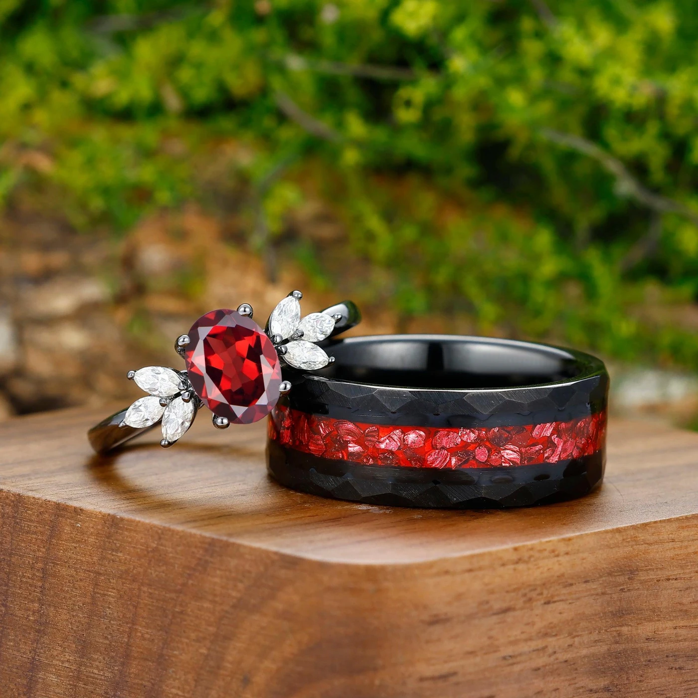 1.5CT Oval Cut Red Garnet Engagement His and Hers Wedding Band
