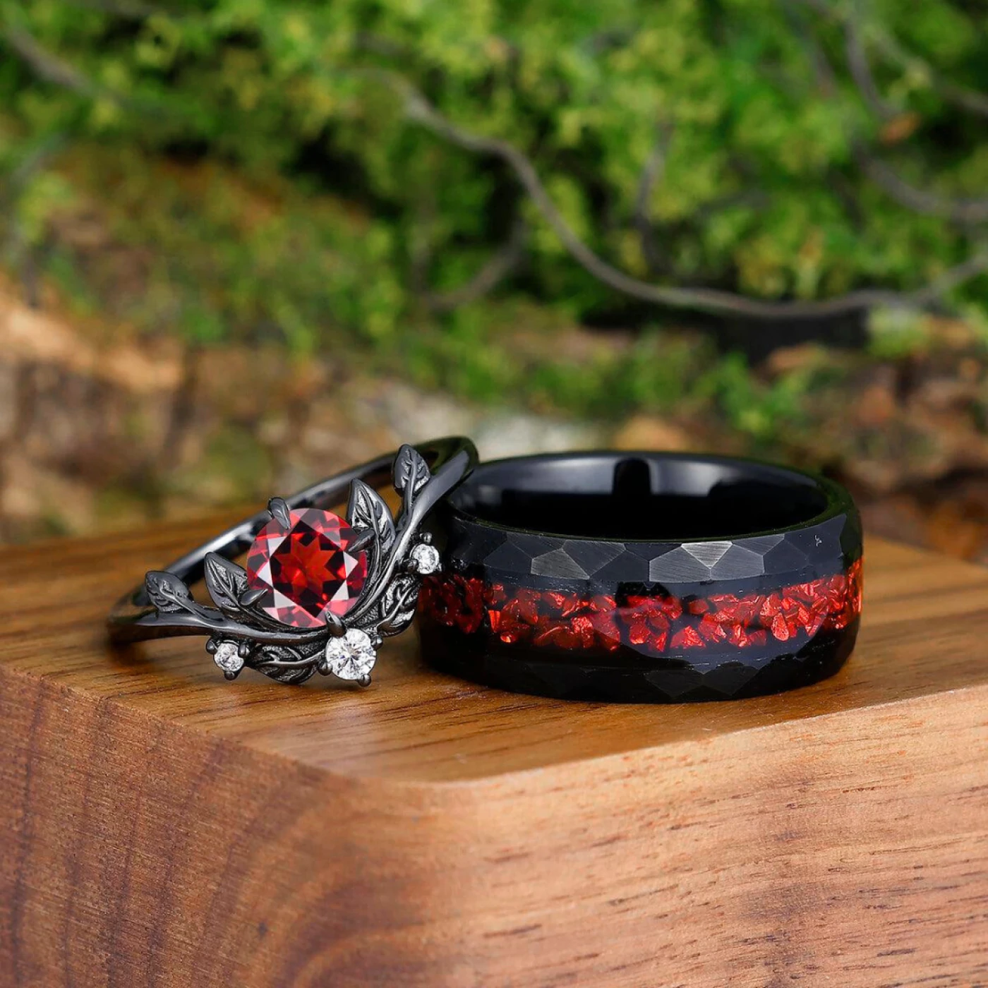 Noble Round Cut Red Garnet Leaves Couples Ring Set Wear-resistant