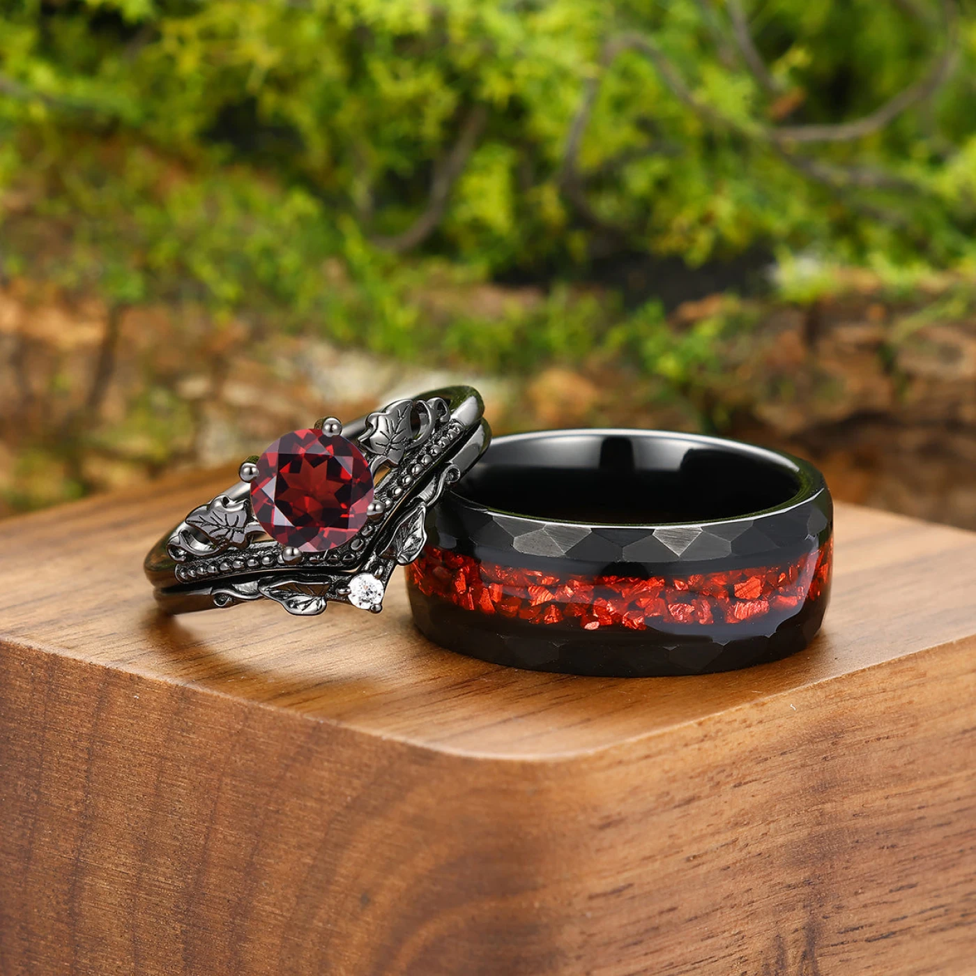 Vintage Red Garnet Maple Leaf Engagement Couple Rings Promise