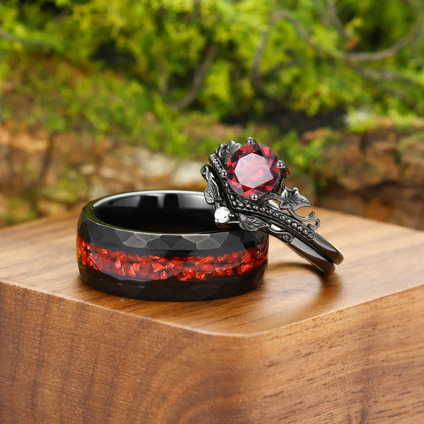 Vintage Red Garnet Maple Leaf Engagement Couple Rings Promise Tungsten Wedding Band Couples' Set - view 2