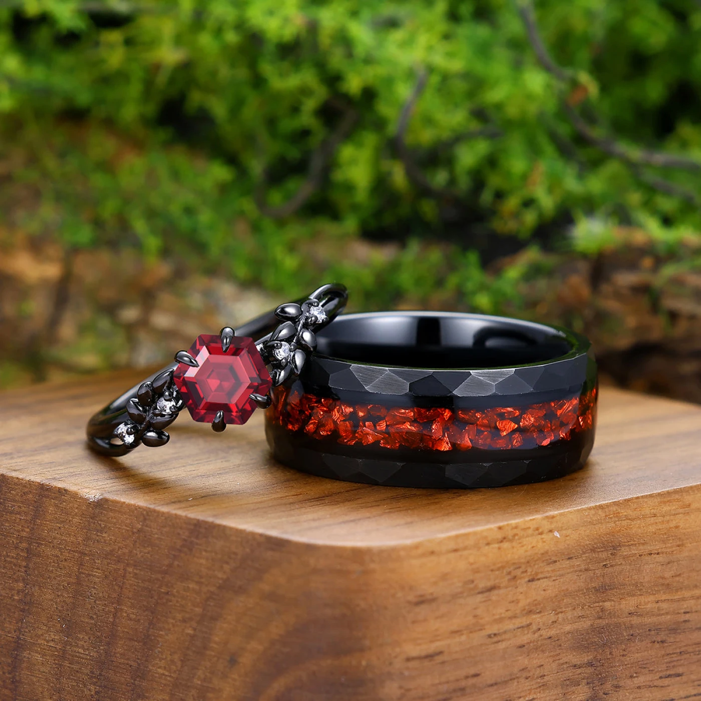 Natural Red Garnet Wheat Design Engagement Couple Rings 925