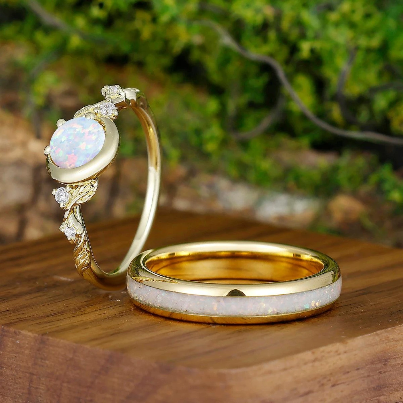 Half-moon Blade Opal Yellow Gold Plated Couples Ring Set 4mm Tungsten Matching His and Hers Wedding Band - view 4