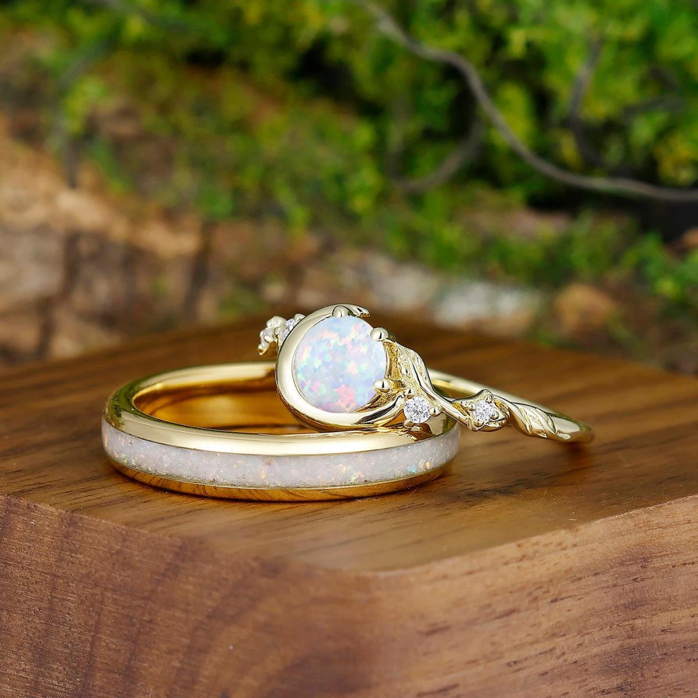 Half-moon Blade Opal Yellow Gold Plated Couples Ring Set 4mm Tungsten Matching His and Hers Wedding Band - view 2