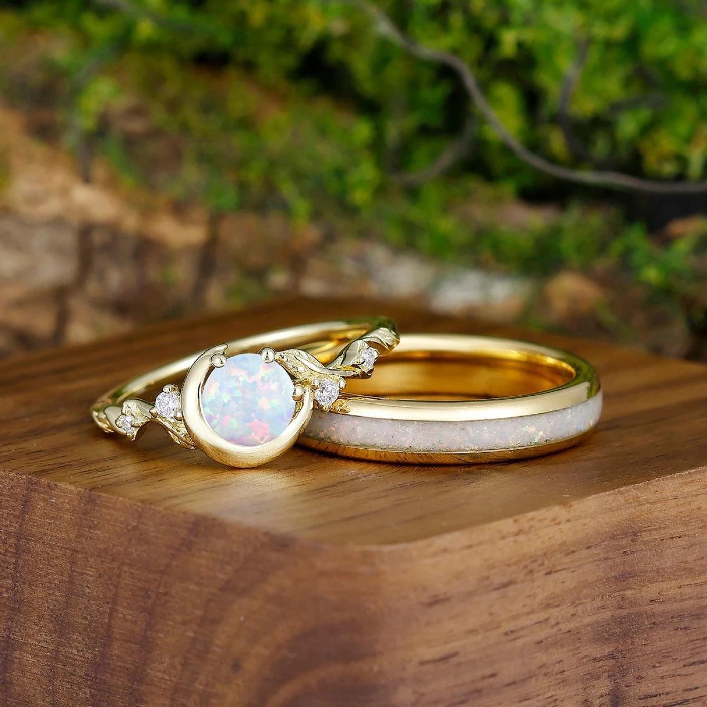 Half-moon Blade Opal Yellow Gold Plated Couples Ring Set 4mm Tungsten Matching His and Hers Wedding Band - view 3