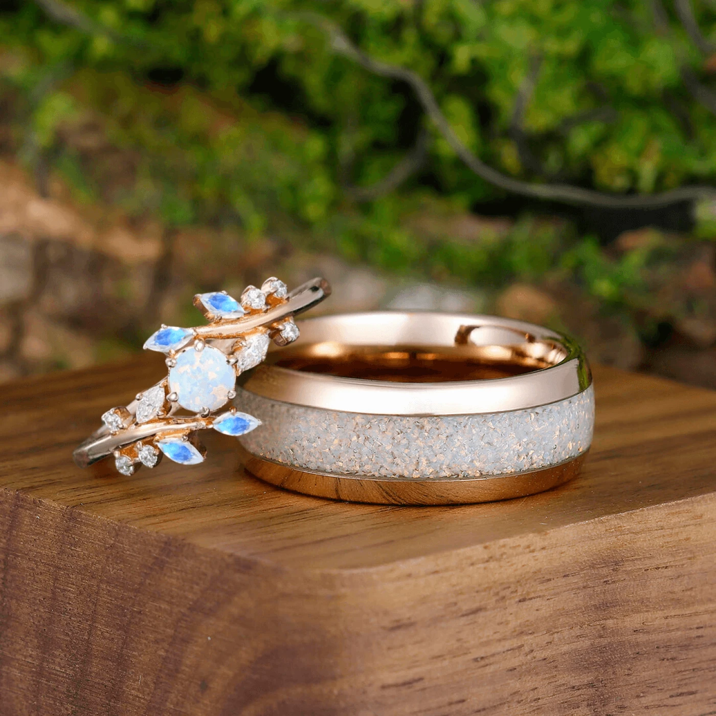 Dainty Pink Opal Leaf Engagement Couples Ring Set Promise Rings