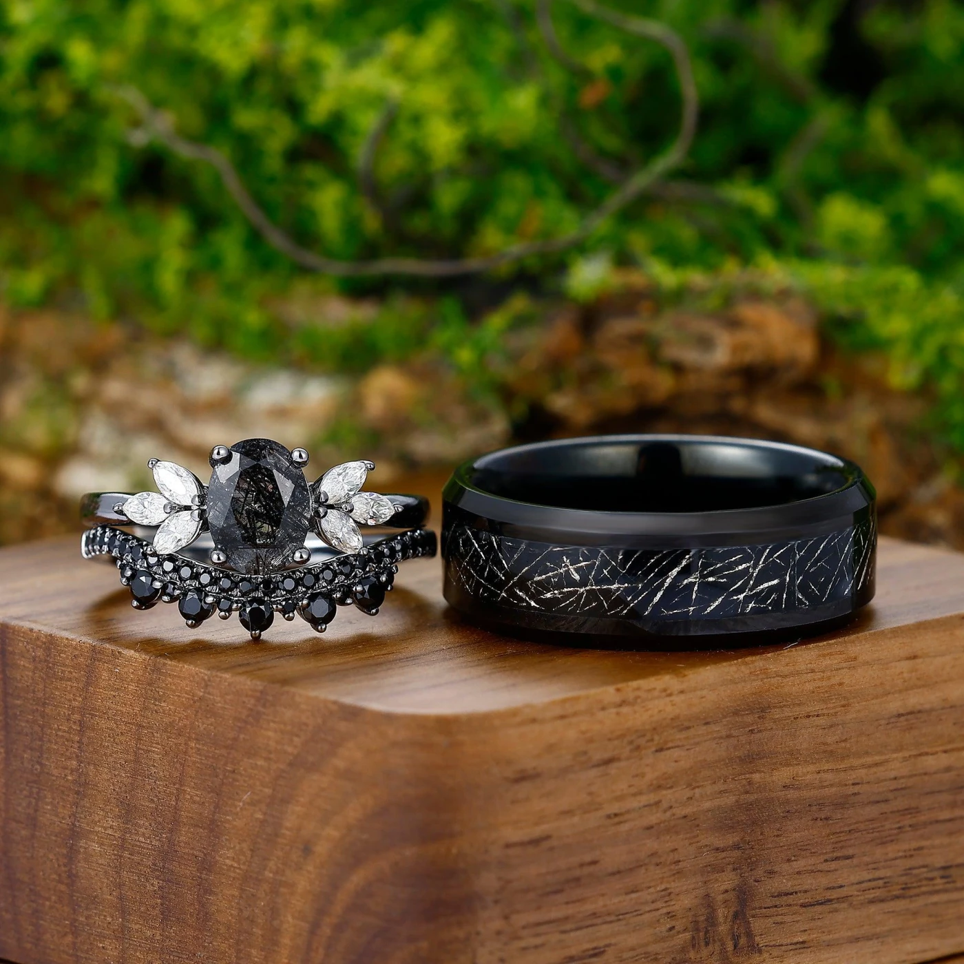 Vintage Oval Black Rutilated Quartz Gold Leaf Tungsten His and Hers Ring Set - view 4